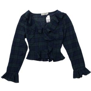 Love Blue Green Buffalo Check Ruffle V Neck Top XS